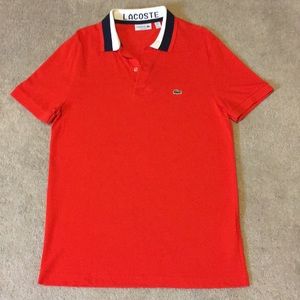 Men Orange White/Blue striped collar Lacoste Polo